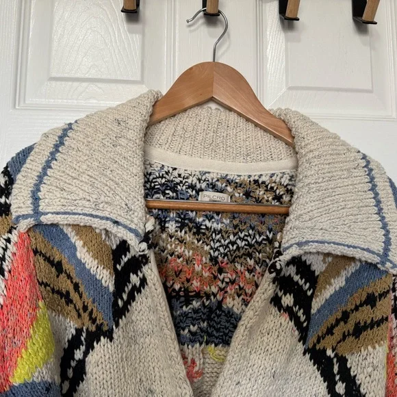Pilcro Cream Multicolor Patterned Cotton Cardigan with collar cropped NWT Sz L - Picture 7 of 12